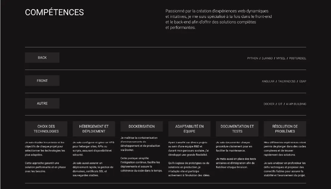 Mise en page claire présentant l'expérience professionnelle et les compétences techniques.