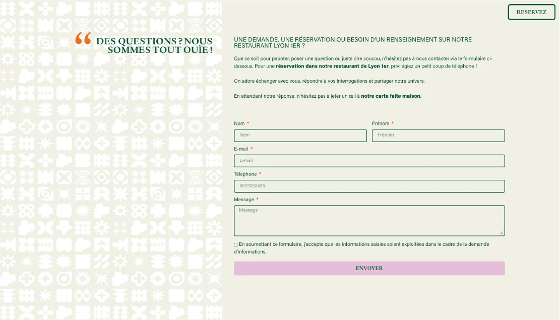 Design de formulaire contact pour site de restauration