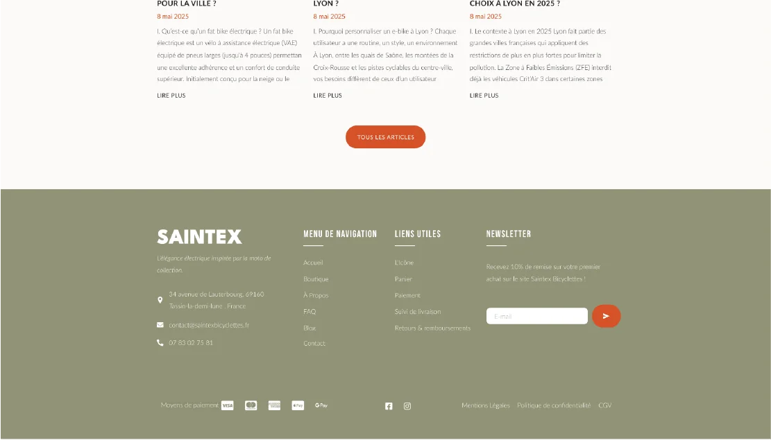 Footer technique e-commerce avec réassurance et newsletter